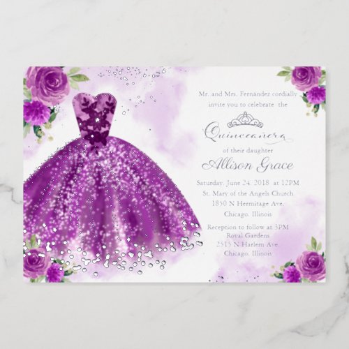 Purple Silver Floral Quinceanera Foil Invitation