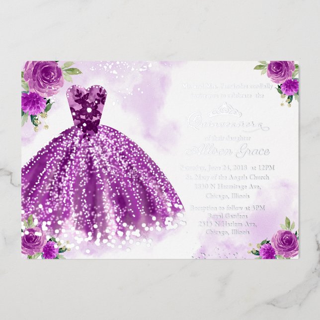 Purple Silver Floral Quinceanera Foil Invitation (Front)