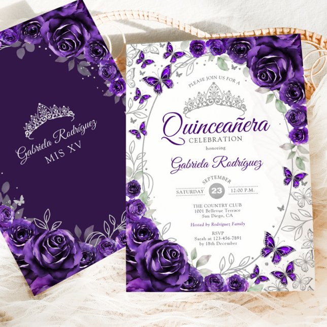 Purple Silver Floral Quinceanera Invitation (Creator Uploaded)