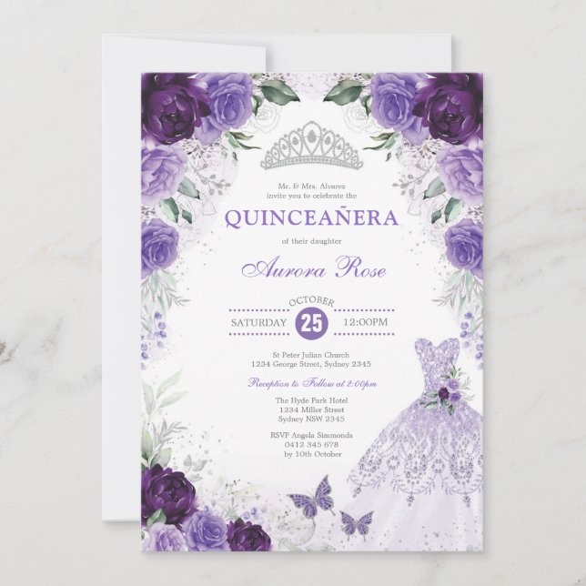 Purple Silver Floral Quinceañera Mis Quince Anos Invitation (Front)