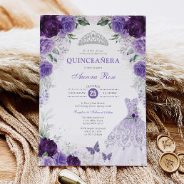 Purple Silver Floral Quincea&#241;era Mis Quince Anos Invitation