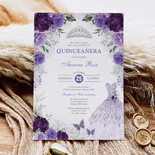 Purple Silver Floral Quinceañera Mis Quince Anos Invitation