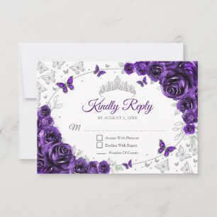 Purple Silver Floral Quinceanera Reply RSVP Card