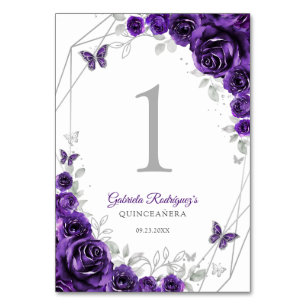 Purple Silver Floral Quinceanera Table Number