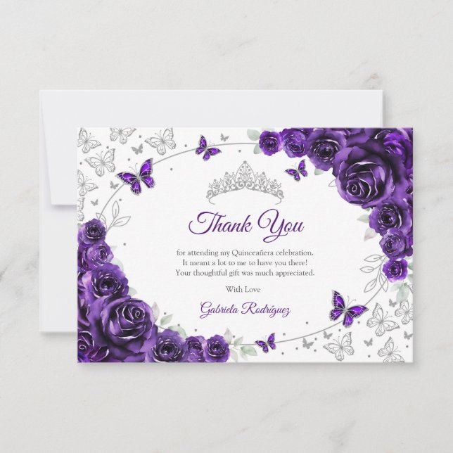 Purple Silver Floral Quinceanera Thank You Card (Front)