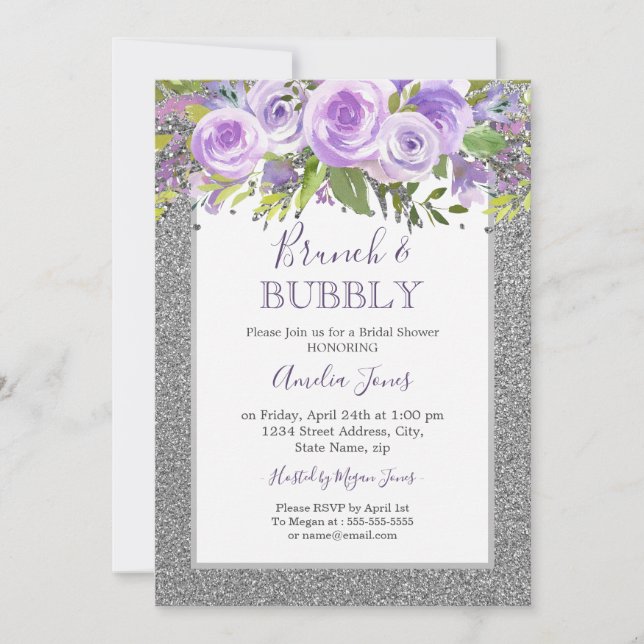 Purple Silver Floral Rose Brunch And Bubbly Shower Invitation (Front)