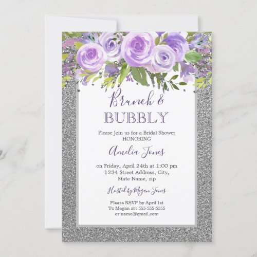 Purple Silver Floral Rose Brunch And Bubbly Shower Invitation