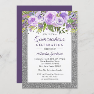 Purple Silver Floral Rose Quinceanera Invitation