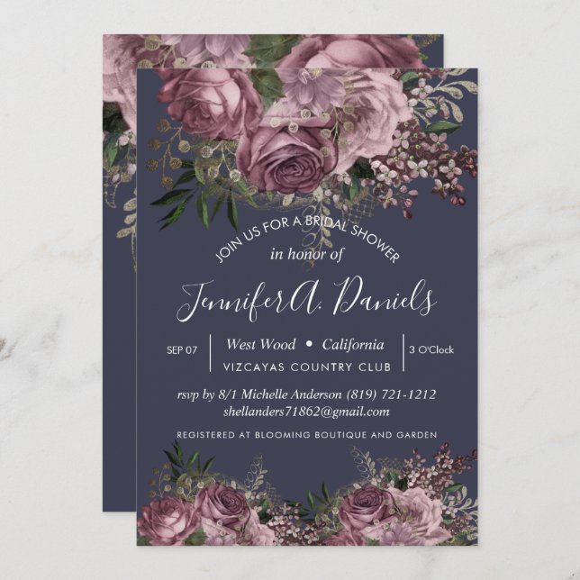 Purple Silver Floral Roses Bridal Shower Invitation (Front/Back)