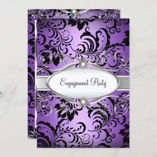 Purple Silver Floral Swirl Engagement Party Invite