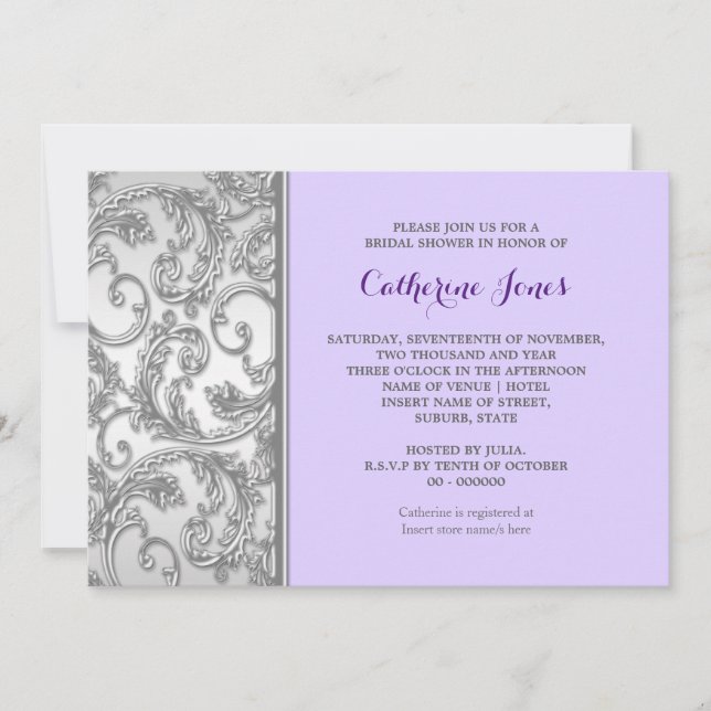Purple silver floral swirl invitation (Front)