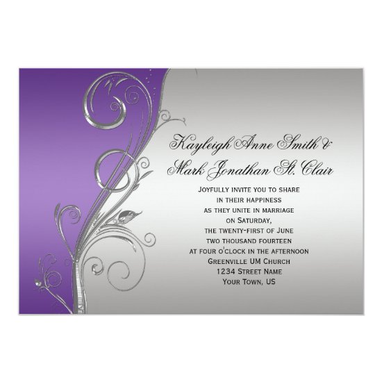 Purple Silver Floral Swirls Wedding Invitation