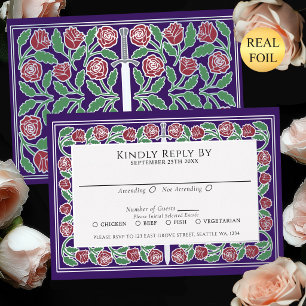 Purple Silver Floral Sword Royal Wedding RSVP Foil Invitation