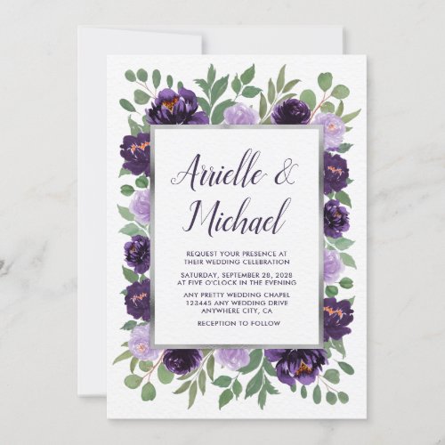 Purple Silver Floral Watercolor Eucalyptus Wedding Invitation