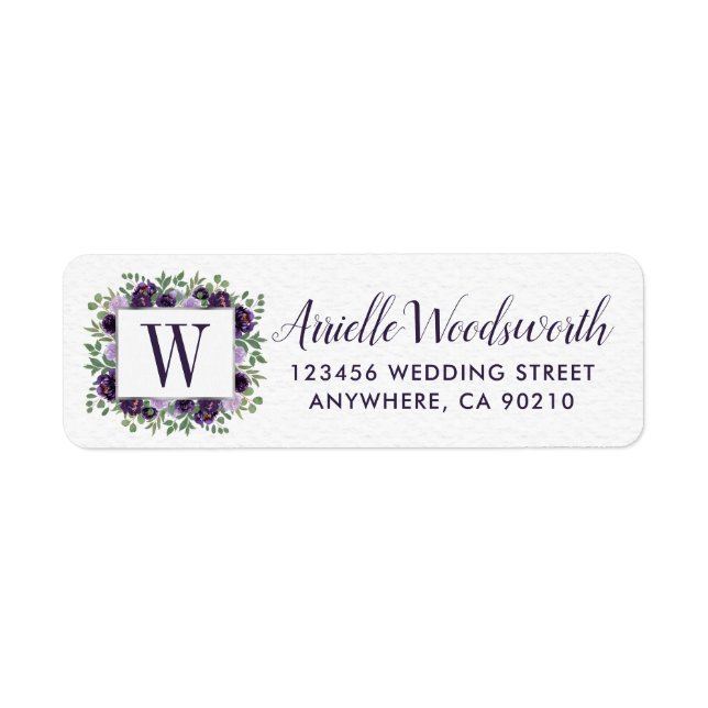 Purple Silver Floral Watercolor Eucalyptus Wedding Label (Front)