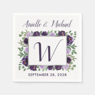 Purple Silver Floral Watercolor Eucalyptus Wedding Napkins