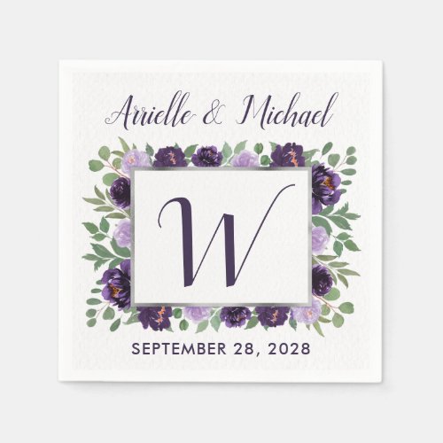 Purple Silver Floral Watercolor Eucalyptus Wedding Napkins