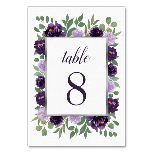 Purple Silver Floral Watercolor Eucalyptus Wedding Table Number