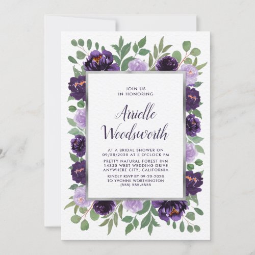 Purple Silver Floral Watercolor Plum Bridal Shower Invitation