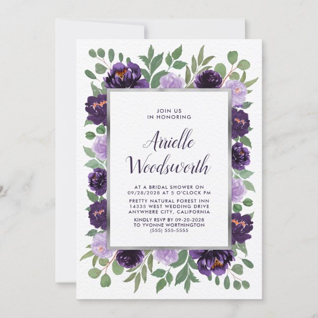 Purple Silver Floral Watercolor Plum Bridal Shower Invitation (Front)