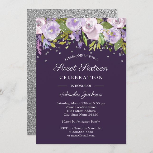 Purple Silver Floral Watercolor Sweet Sixteen Invitation (Front/Back)