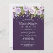Purple Silver Floral Watercolor Sweet Sixteen Invitation (Front)