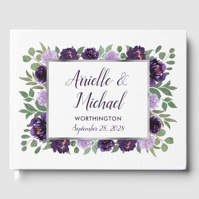 Purple Silver Floral Watercolor Wedding Guest Book (Front)