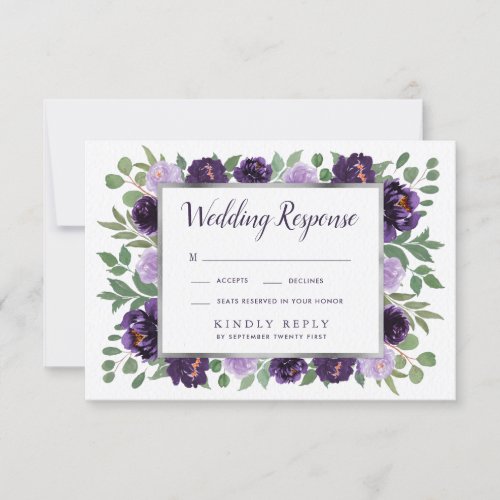 Purple Silver Floral Watercolor Wedding RSVP Cards