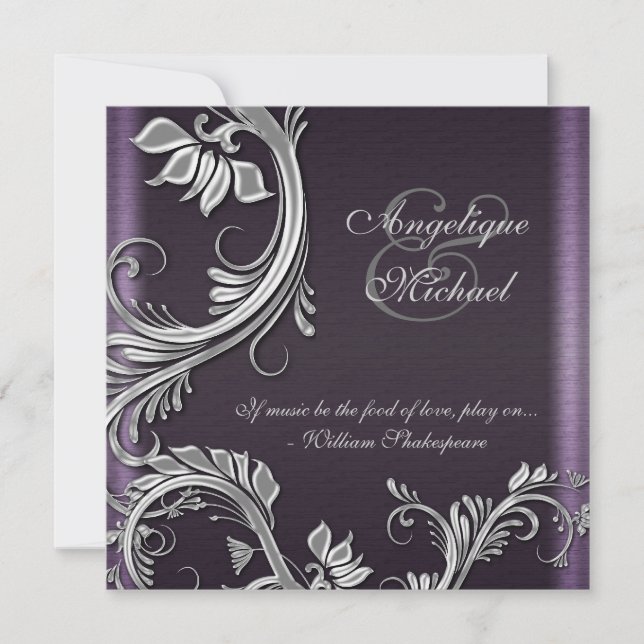 Purple silver floral wedding engagement invitation (Front)