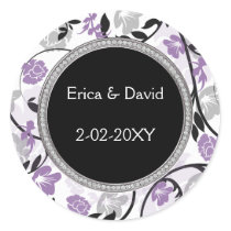 Purple silver floral wedding invitations classic round sticker