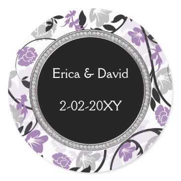 Purple silver floral wedding invitations classic round sticker