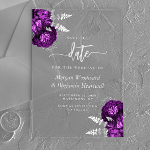 Purple Silver Floral Wedding Save the Date Acrylic Invitations