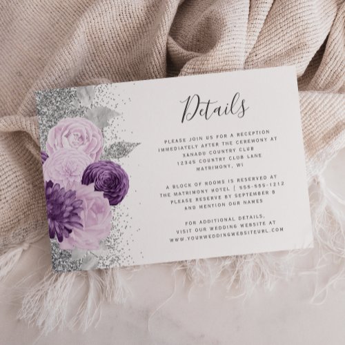 Purple Silver Floral White Wedding Details Enclosure Card