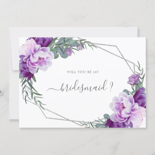 Purple  Silver Floral Will You Be My Bridesmaid Invitation