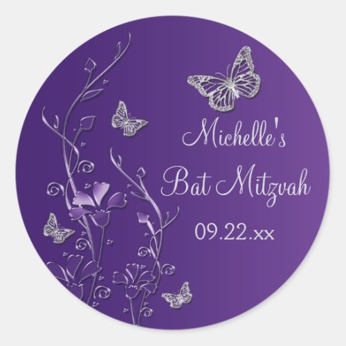 Purple Silver Floral with Butterflies 15 Sticker
