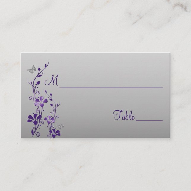 Purple, Silver Floral with Butterflies Place Cards (Front)