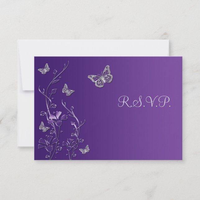 Purple Silver Floral with Butterflies RSVP Card (Front)