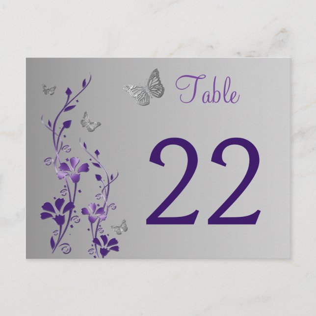 Purple Silver Floral with Butterflies Table Number (Front)