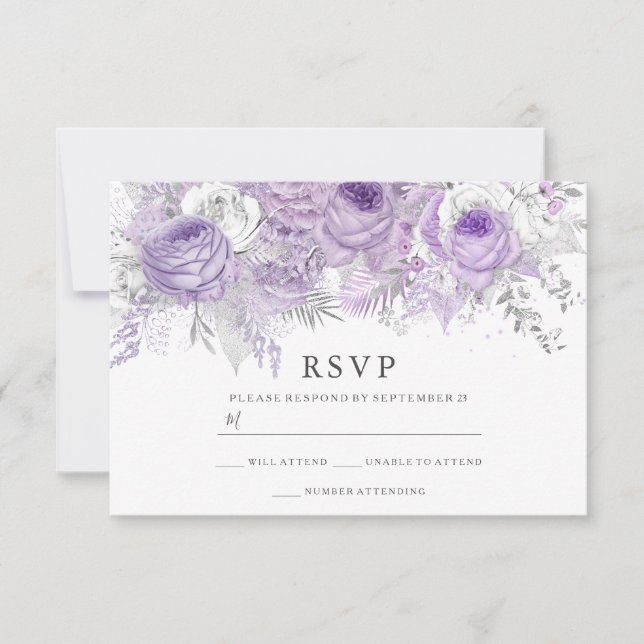 Purple & Silver Flowers Elegant Wedding RSVP Card (Front)