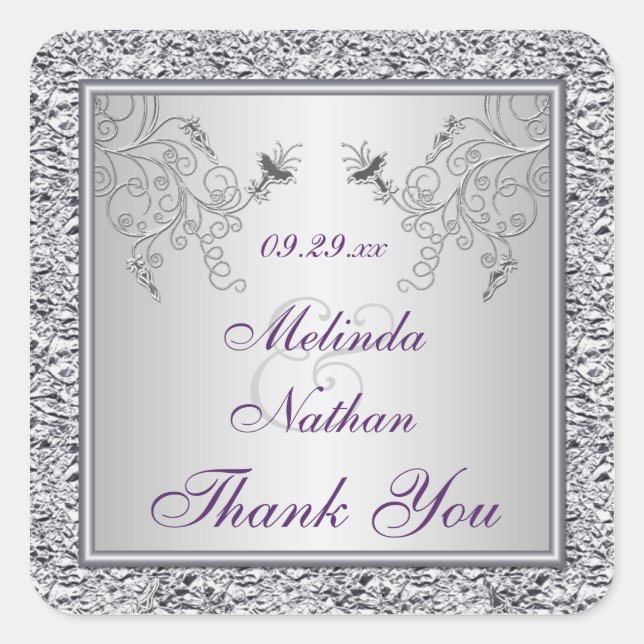 Purple Silver Foil Floral Wedding Favor Sticker (Front)