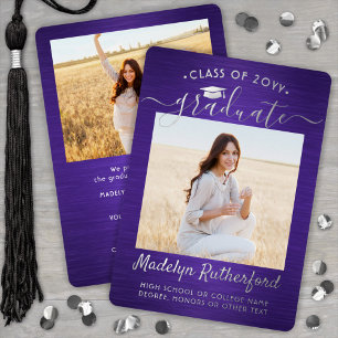 Purple & Silver Foil Photo Graduation Announcement