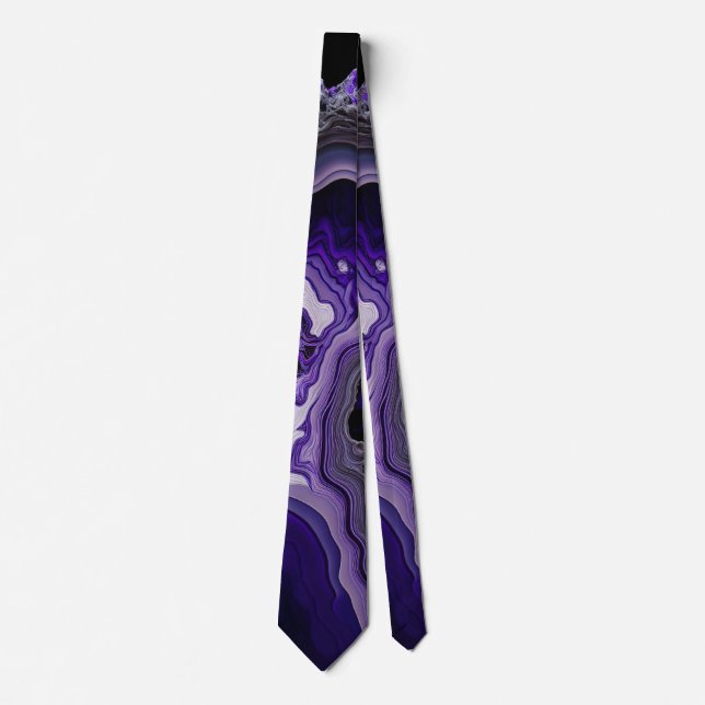 Purple Silver Gemstone Acrylic Pour Art Neck Tie (Front)