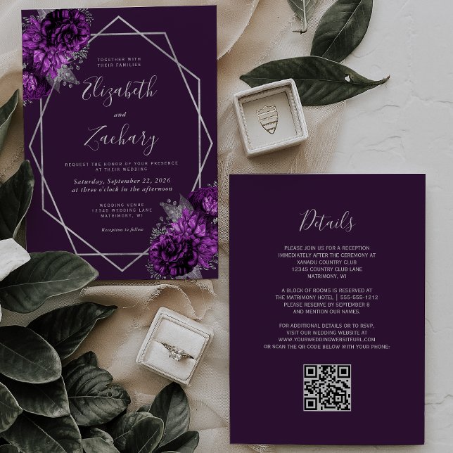 Purple Silver Geometric Floral QR Code Wedding Invitation (Creator Uploaded)