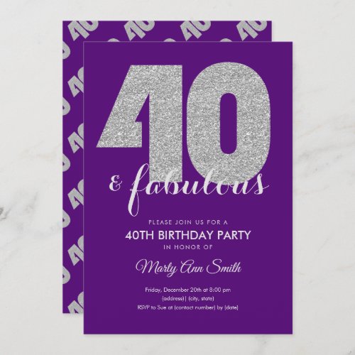 Purple Silver Glitter 40  Fabulous Birthday Party Invitation