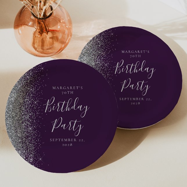 Purple Silver Glitter 70th Birthday Paper Plates (Creator Uploaded)
