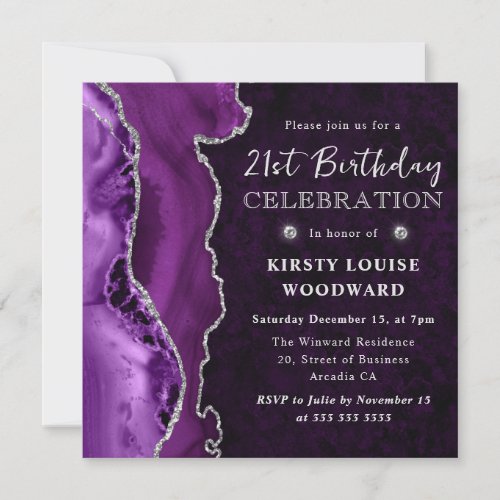 Purple  Silver Glitter Agate 21st Birthday Invitation