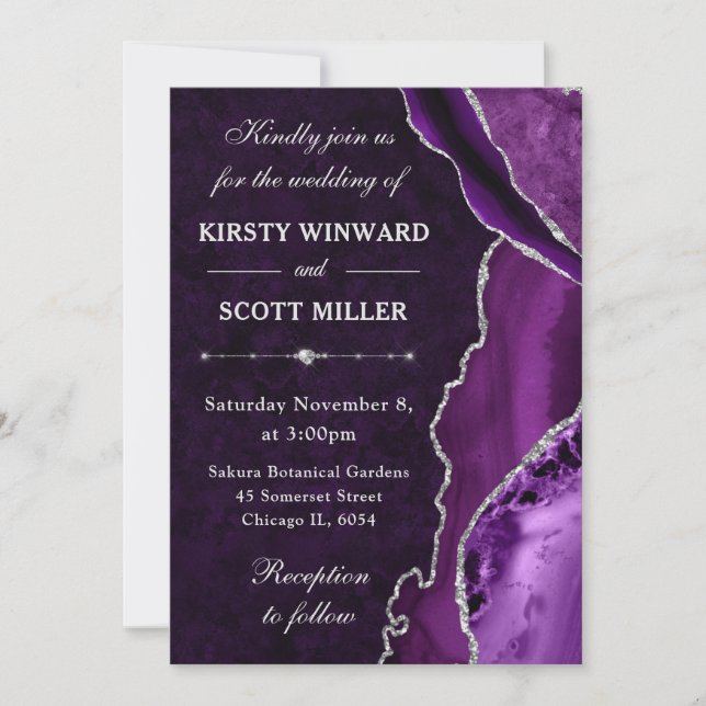 Purple  & Silver Glitter Agate and marble Wedding Invitation (Front)