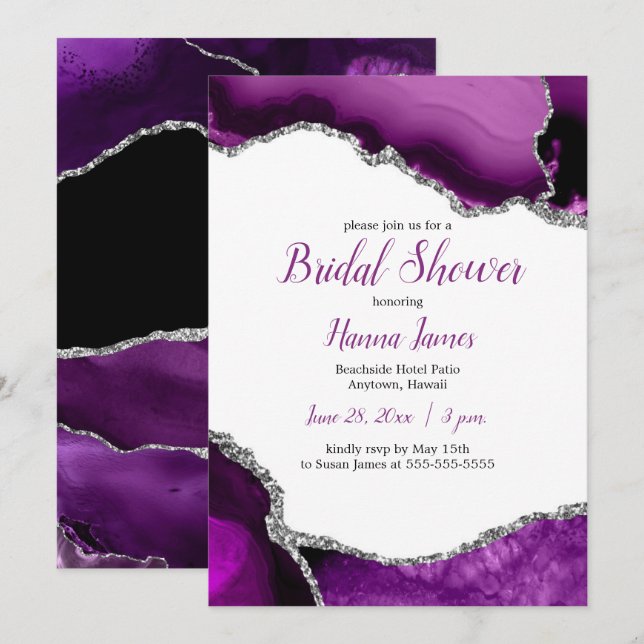 Purple Silver Glitter Agate Bridal Shower Invitation (Front/Back)