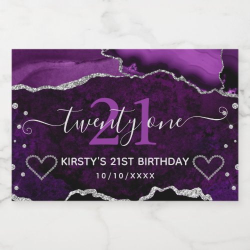 Purple  Silver Glitter Agate Marble 21st Birthday Sparkling Wine Label