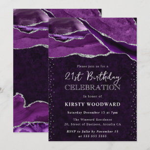 Purple Silver Glitter Agate Marble Birthday Invitation